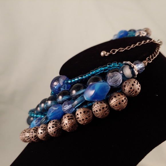 Multi-Strand Layered Beaded Necklace Blue Silver 5 Strands 15"-18" - Picture 5 of 8